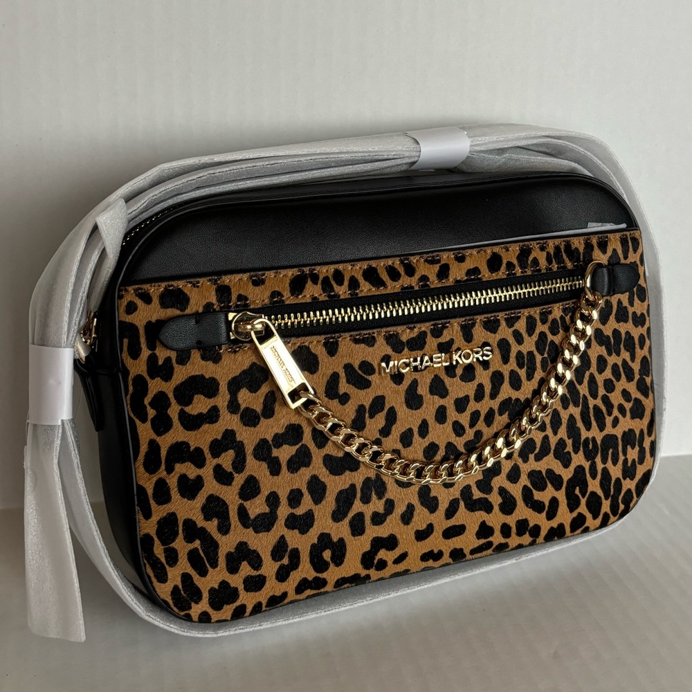 NWT Michael Kors Jet Set Large Leopard-Print Calf Hair Crossbody Bag